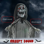 Haunt & Co Outsunny 74" Life Size Outdoor Skeleton Witch, Animated Prop Animatronic Decor with Sound and Motion Activated, Light Up Eyes and Chest, Howling and Chain Sound