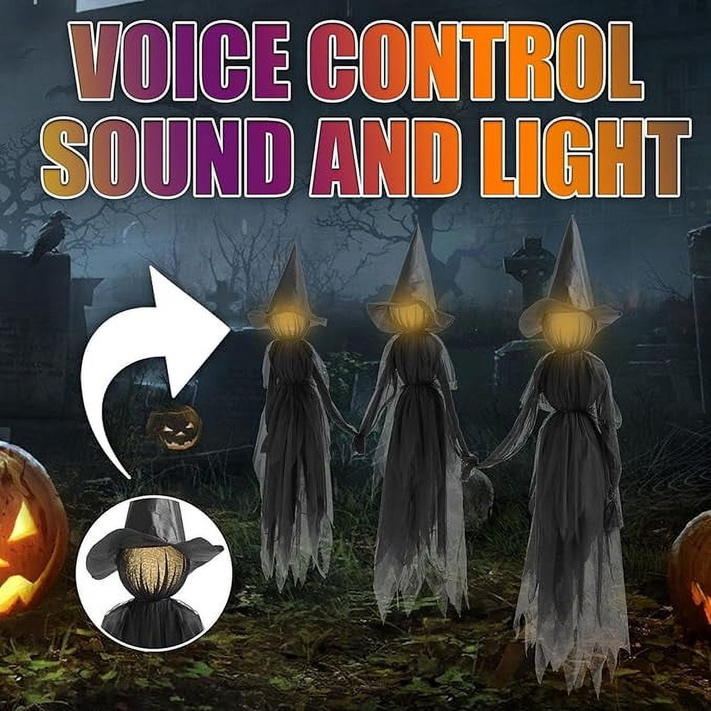 Haunt & Co Halloween Witch Decorations Outdoor, 59" Light Up Witches Holding Hands Witches with Stakes, Voice Control Screaming Life Size Witches Waterproof
