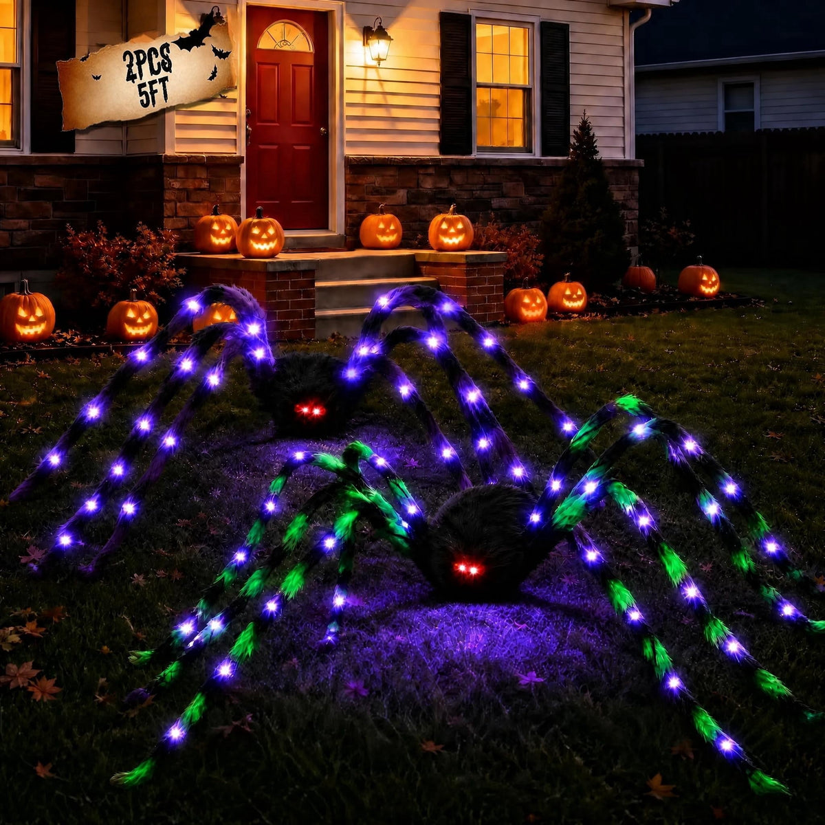 Haunt & Co Outdoor, 5Ft Giant Spider Light Up Spider, 2 Pack Scary Large Halloween Spider Decor for Home Party Favor Yard Decor