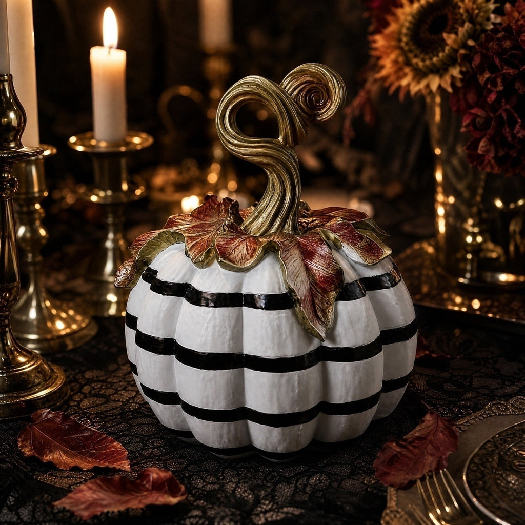 Haunt & Co GIPQJK Resin Pumpkin Decoration Sculpture, Black White Striped Halloween Ornament with Gold Bow, Retro Garden Pole Prop for Party Home Decor, 1 Piece A