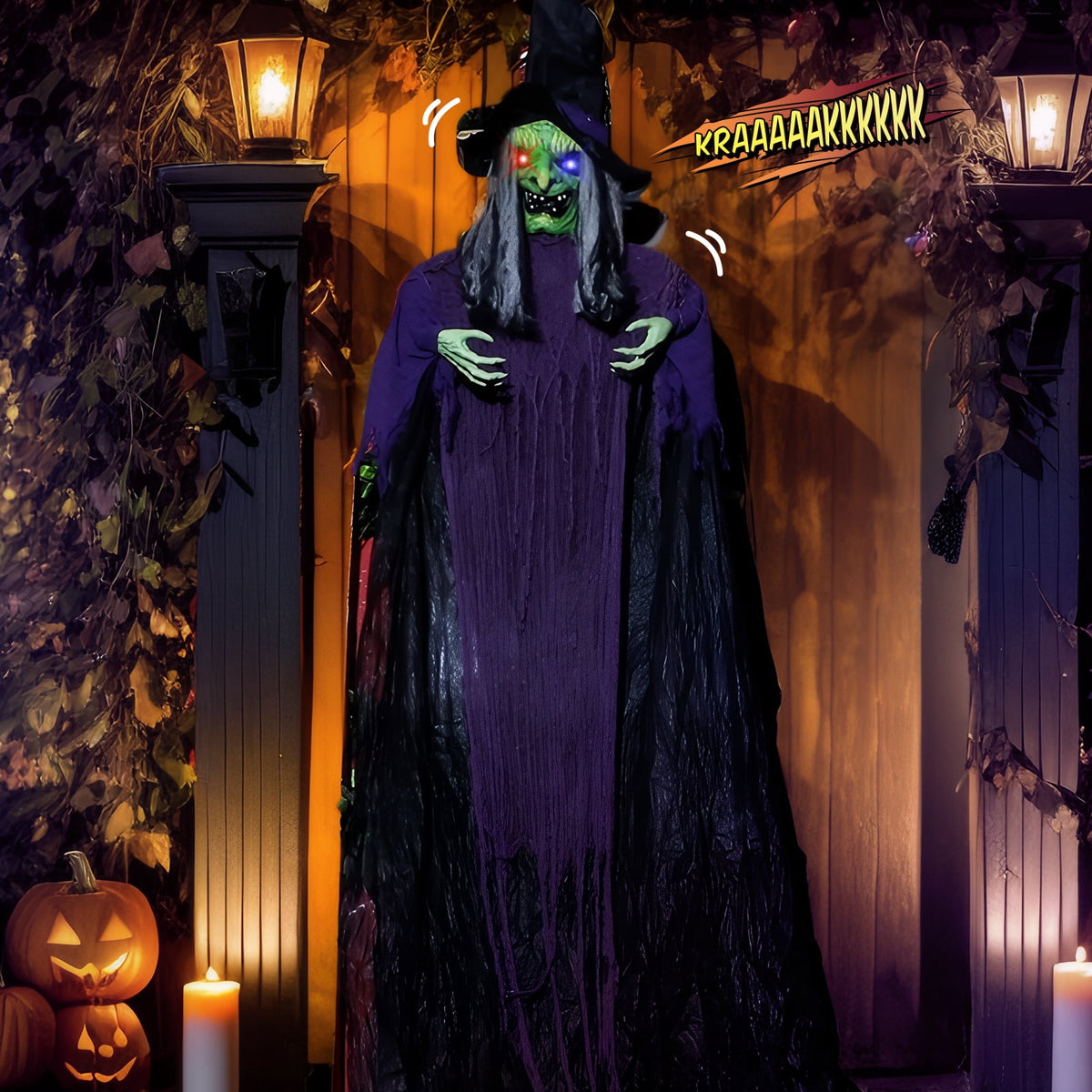 Haunt & Co 12FT Halloween Animatronic Witch Standing Outdoor w/ Green Eyes,Scary Sounds
