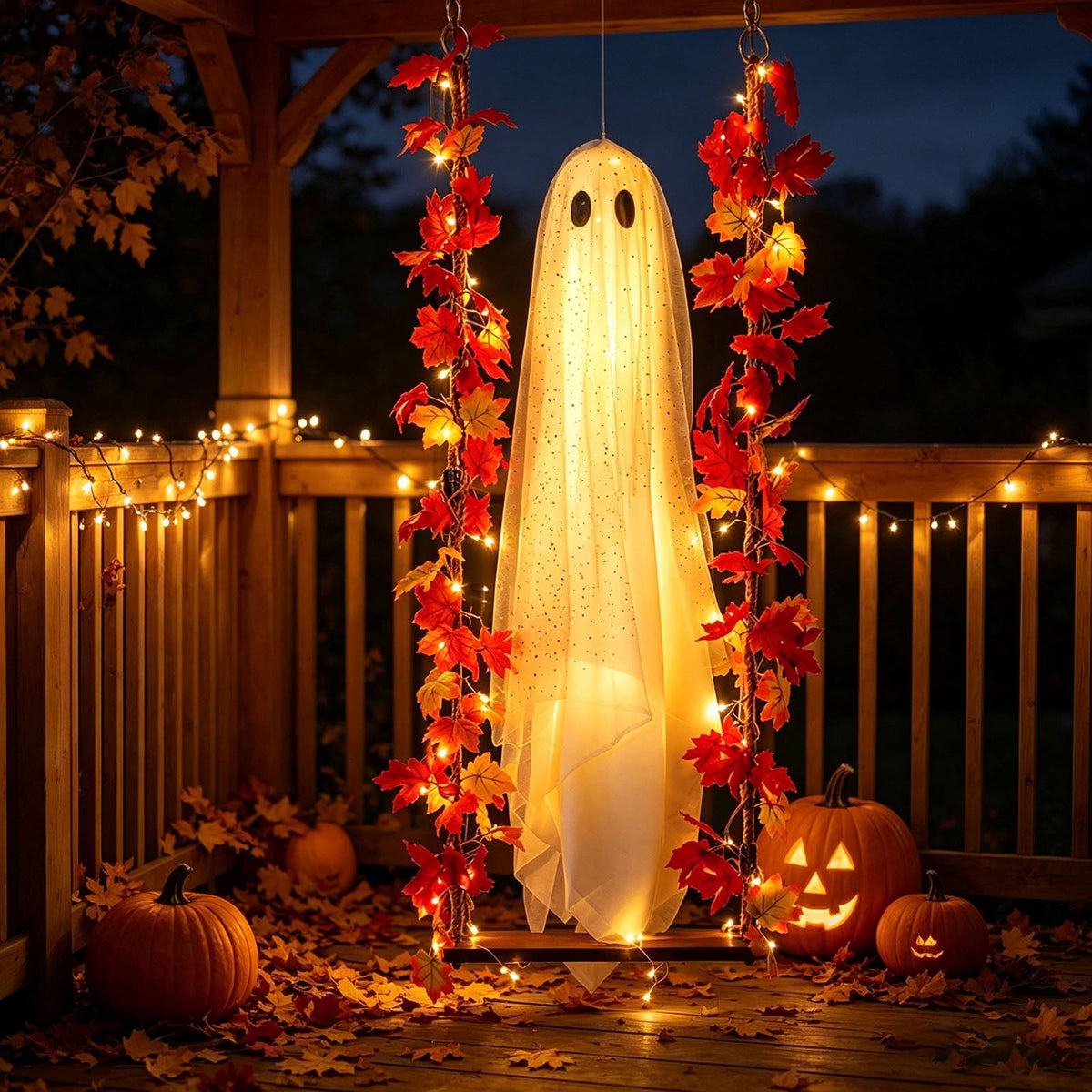 Haunt & Co Nnndbs Maple Leaf Mesh Ghost Hanging Ornament, Halloween Autumn Leaf Decor for Window Door Display, Spooky Fall Home Accent`