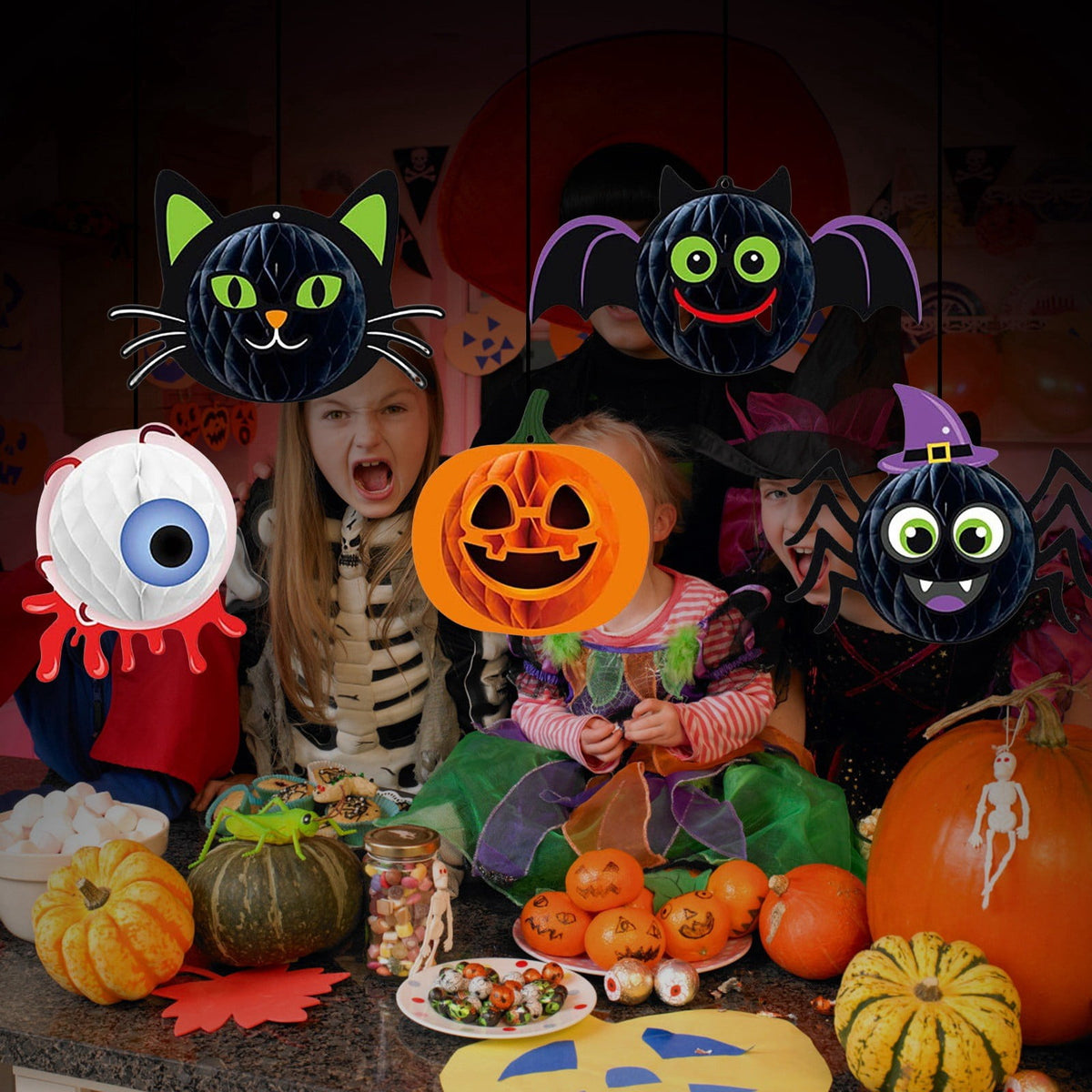 Haunt & Co Halloween Party Decorations 3D Hanging Honeycomb Ornaments Retro Pumpkin Skull Ghost Paper Ornaments Set with Hanging Rope for Indoor Haunted House Ceiling Decor 6 Pcs