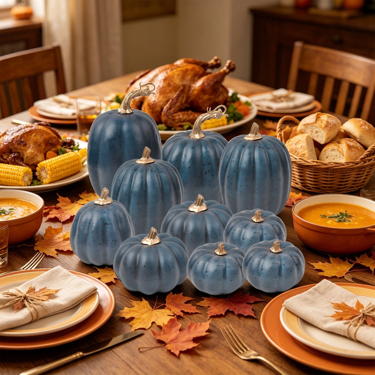 Haunt & Co Blue Artificial Pumpkins Decor Foam Pumpkin Ornament Fall Harvest Thanksgiving Halloween Mantel Tiered Tray Table Centerpiece Home Decoration Speckled Rustic Display Accent