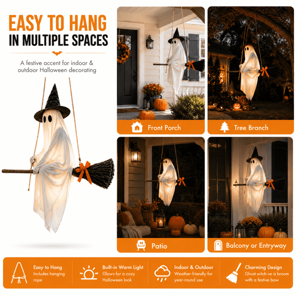 Haunt & Co LIGHTED HANGING GHOST WITCH Floating White Ghost With Black Witch Hat Rustic Broom And Orange Bow Warm Glow