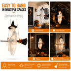 Haunt & Co LIGHTED HANGING GHOST WITCH Floating White Ghost With Black Witch Hat Rustic Broom And Orange Bow Warm Glow