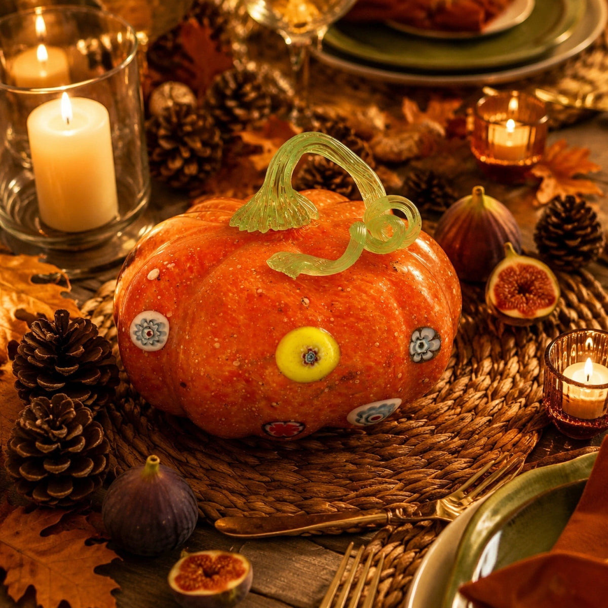 Haunt & Co Glass Pumpkin Ornament, Swirl Art Glass Figurine Fall Thanksgiving Halloween Tabletop Home Decor, Stripe Pumpkin Statue Orange