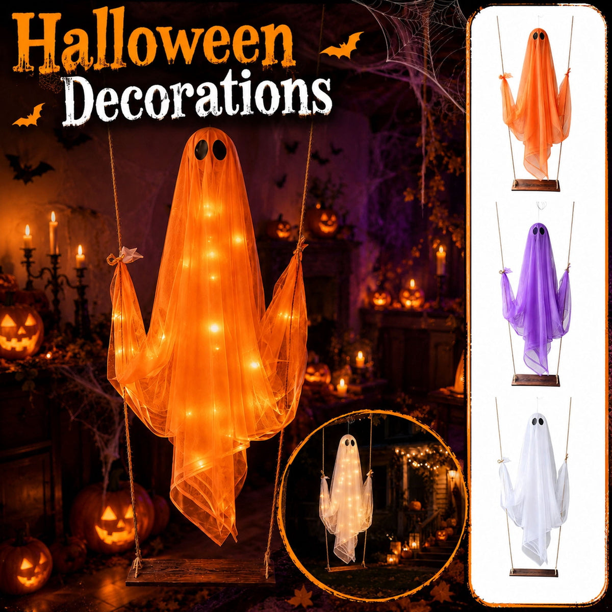 Haunt & Co Halloween Decorations Outdoor, Set of 3 Multicolor Large Swing Hanging Ghost Decor, Wind Sway Spooky Silhouette Ornament for Yard Tree Porch Halloween Festival Party