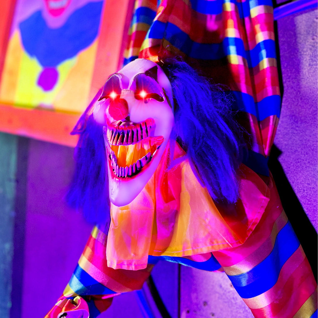Haunt & Co 47 in Animatronic Hanging Upside Down Clown with Lights and Sound