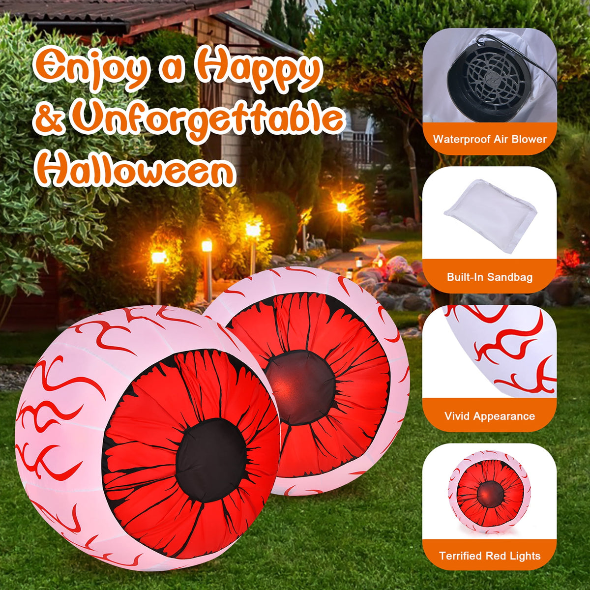 Haunt & Co Costway 2 Pack 3 FT Halloween Inflatable Eyeballs w/ Air Blower & Red LED Lights