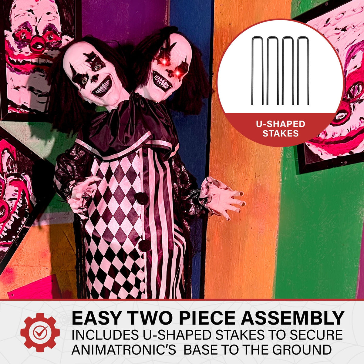Haunt & Co Lifesize 5.5 ft Animatronic Two-Headed Clown with Lights and Sound, Indoor/Outdoor