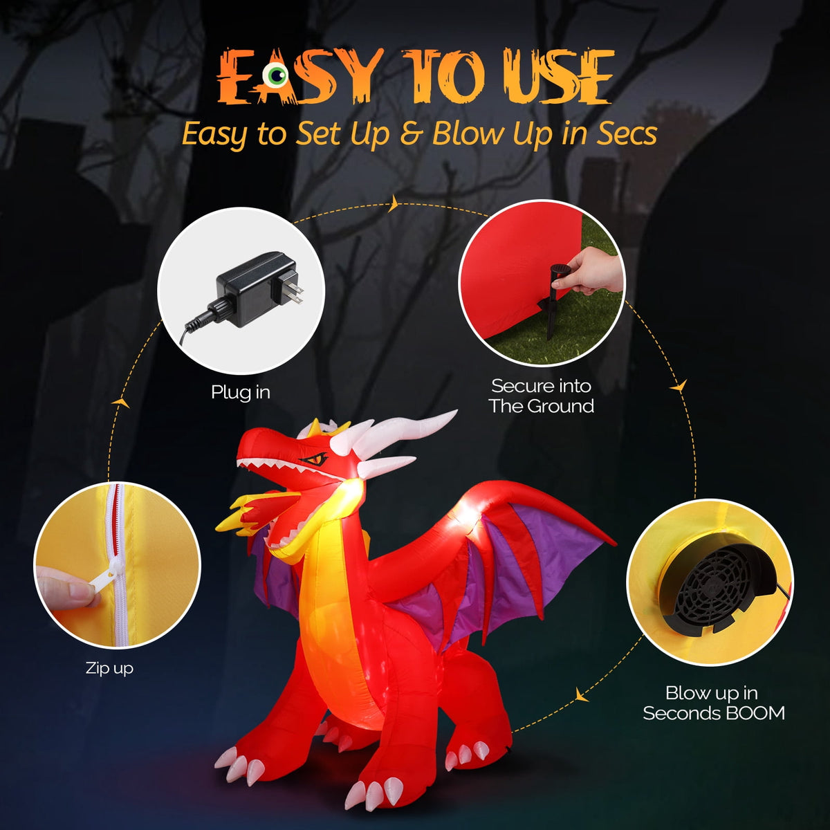 Haunt & Co 6FT Halloween Inflatables Fire Dragon Outdoor Built-in LED Lights