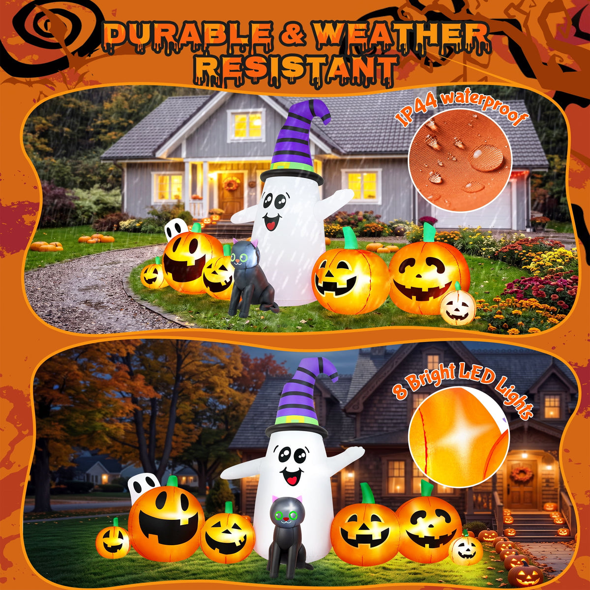Haunt & Co 8 FT Long Halloween Inflatable Ghost with Witch Hat, 6 Pumpkins Halloween Blow Ups with Black Cat