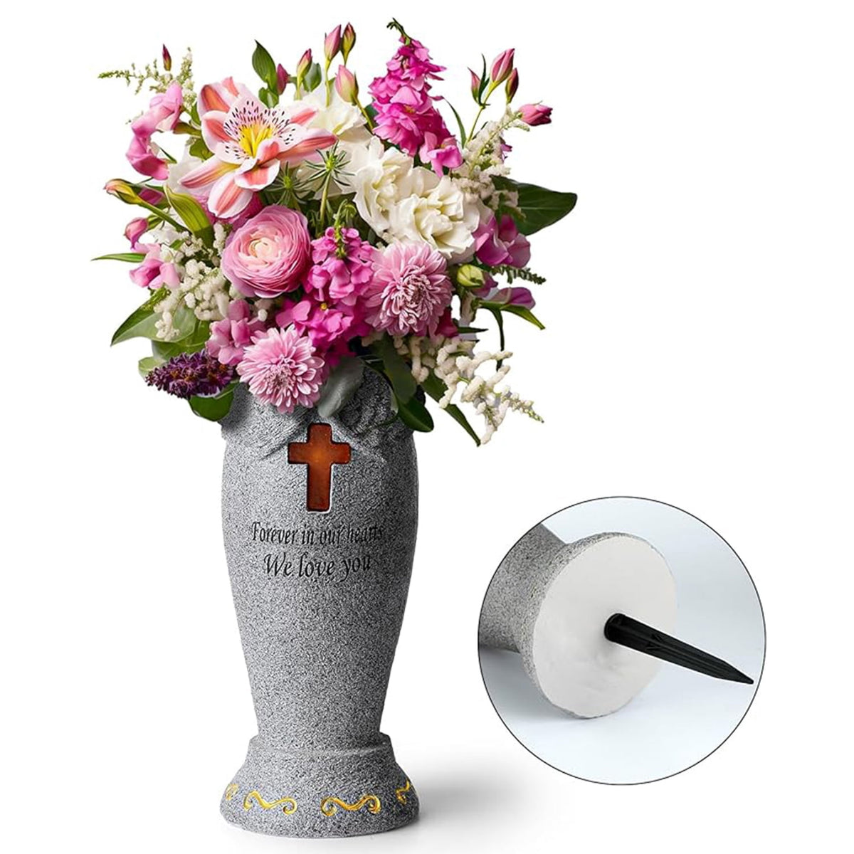 Haunt & Co Fridja Cemetery Grave Flower Vase with Cross Solar Light Cemetery Decorations for Grave, Angel Vases with Spikes Grave Markers Decor for Cemetery for Humans or Pet, Garden Memorial Gifts for Loved One