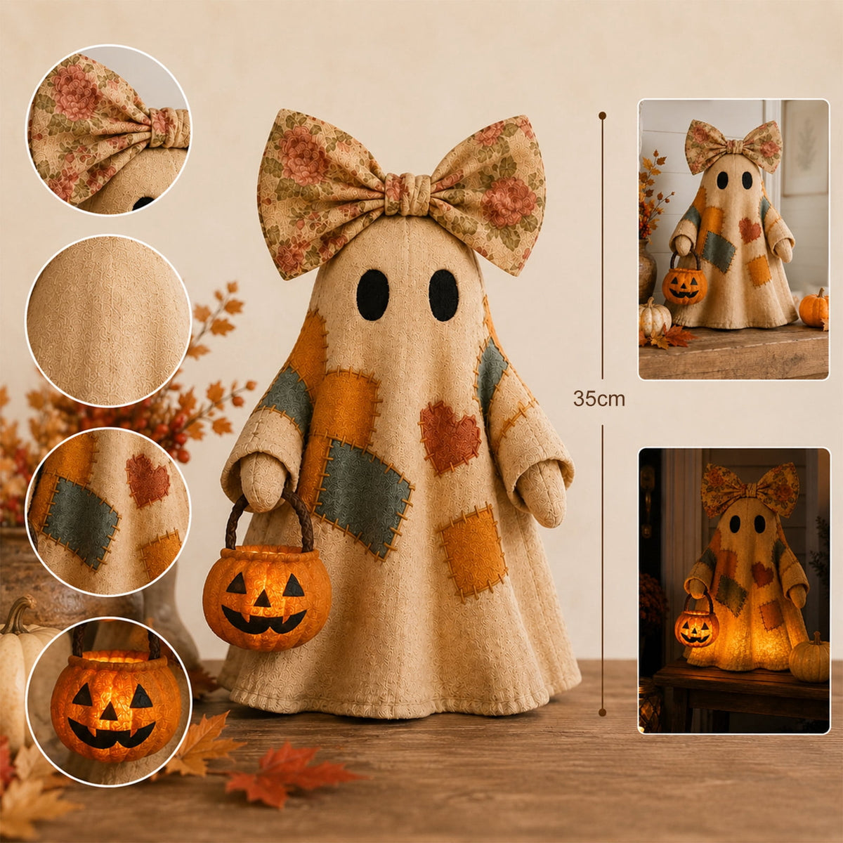 Haunt & Co 2PCS Lighted Vintage Patchwork Ghost, 13.8" Portable Glowing Ghost Design Birthday Gifts with Pumpkin Buckets, Halloween Indoor Room Decor, Floral Bow Halloween Theme Ornaments for Students