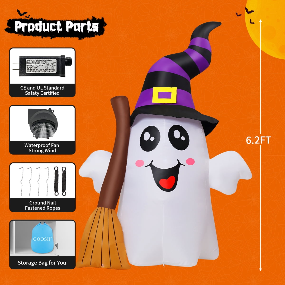 Haunt & Co Halloween Inflatables 6 FT Halloween Ghost Inflatable Grasping Broom with LED Lights, Blow up Ghost Cute Inflatable Ghost, Outdoor for Holiday Party Indoor Outdoor