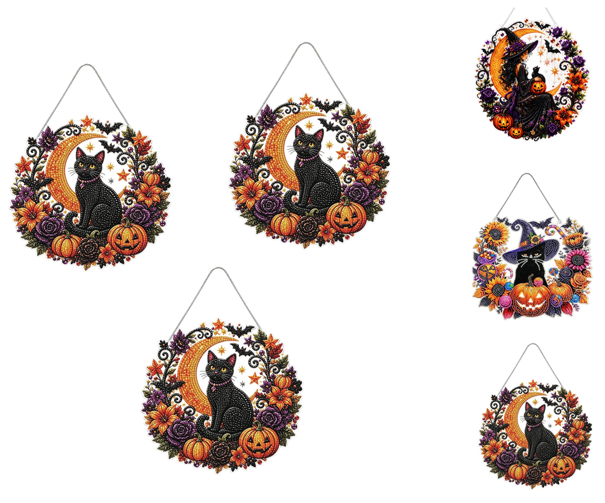 Haunt & Co 3Pcs Halloween Black Cat Moon Diamond Art Hanging Ornament Kitï¼?9.84 inch Halloween Diamond Art, Suspended Ghost Feline, Pumpkin Autumn Crafts, Double Sided Prerendered Shading Pendant