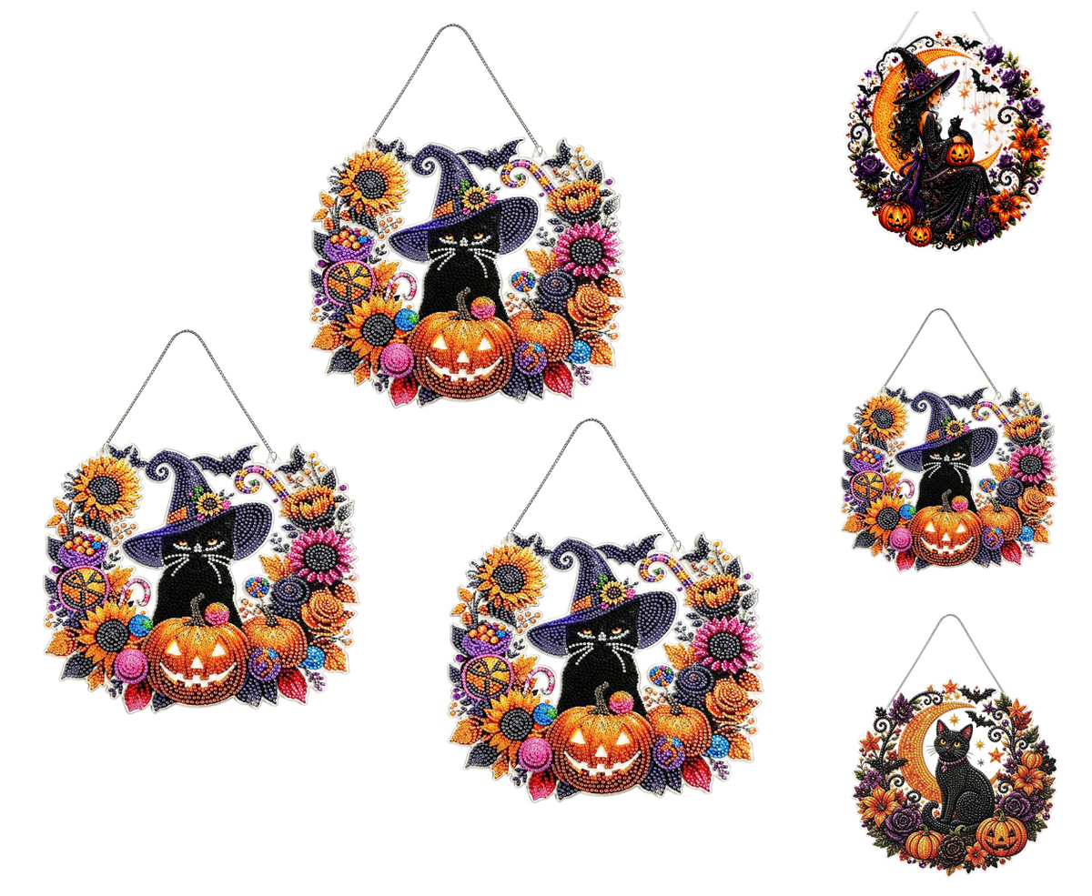 Haunt & Co 3Pcs Halloween Witch Diamond Art Hanging Ornament Kit,8.26 Inch Halloween Diamond Art, Suspended Ghost Feline, Pumpkin Autumn Crafts, Double Sided Prerendered Shading Pendant