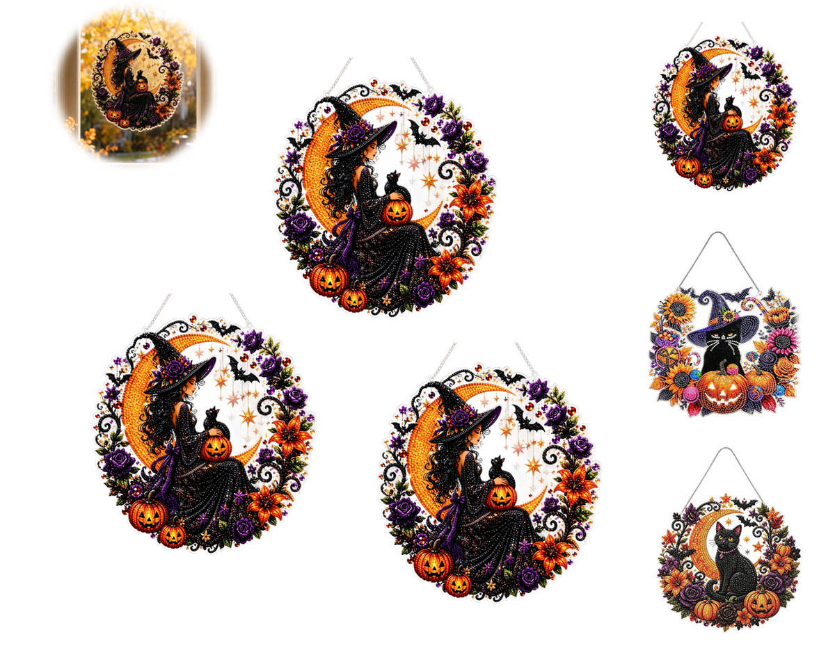 Haunt & Co 3Pcs Halloween Witch Diamond Art Hanging Ornament Kit, 8.26 Inch Halloween Black Cat Moon Diamond Art Hanging Ornament Kit, Hanging Halloween Decorations for Home, Black Cat Halloween Decor