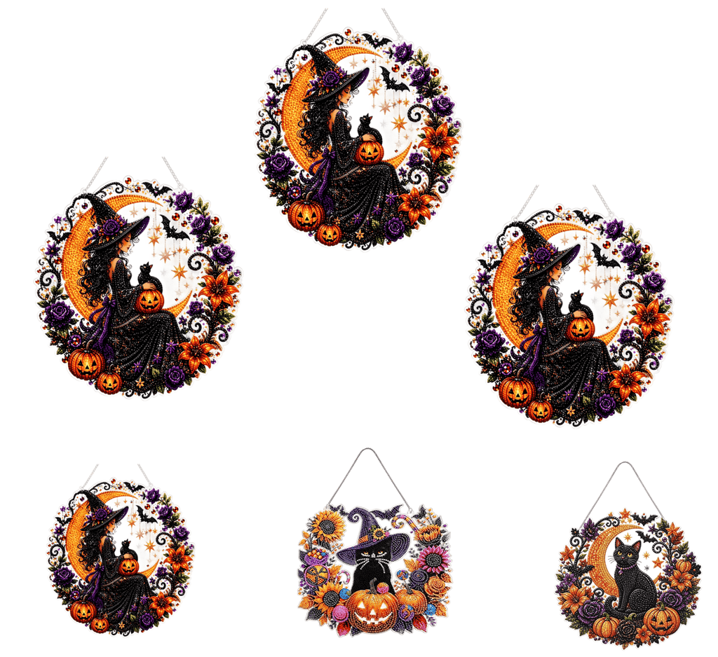 Haunt & Co 3Pcs Halloween Witch Diamond Art Hanging Ornament Kit,8.26 Inch Halloween Diamond Art, Suspended Ghost Feline, Pumpkin Autumn Crafts, Double Sided Prerendered Shading Pendant