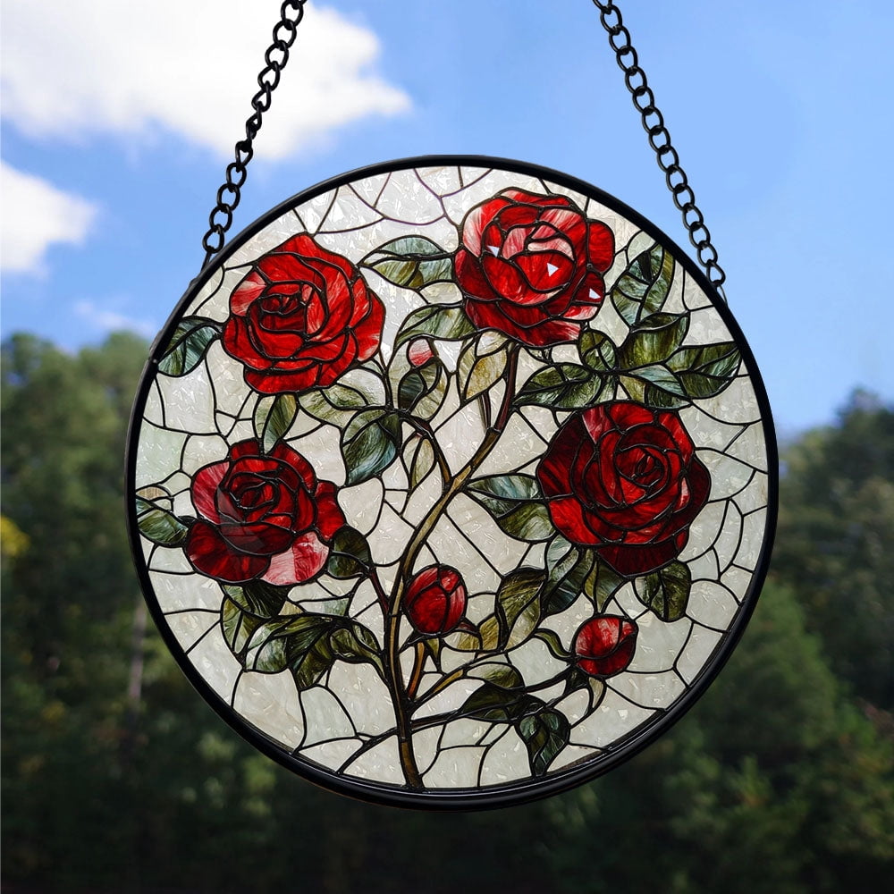 Haunt & Co Neighbor Christmas Gift - Valentine Rose Halloween Christmas Stained Glass Hanging Ornament - Red & Green Holiday Tree Decor, Gift for Friends, Family, Mom & Dad