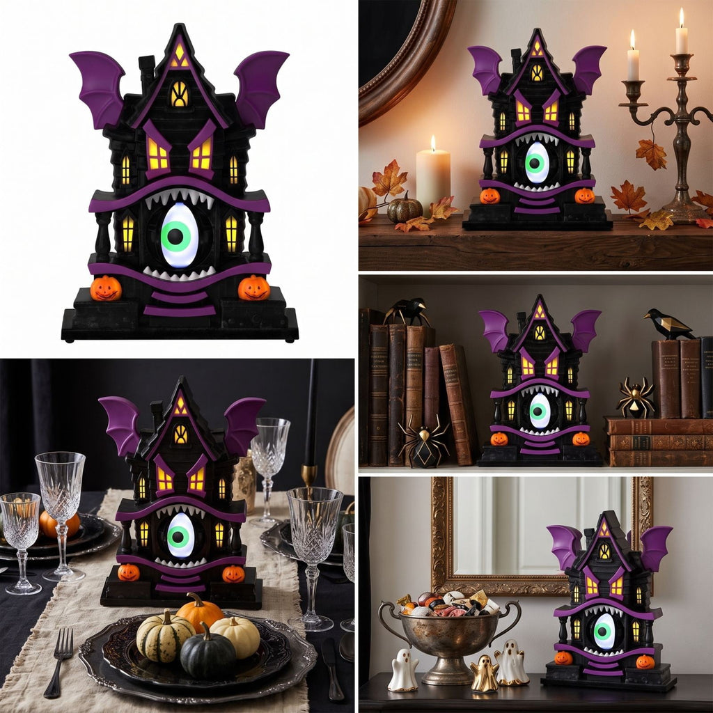 Haunt & Co Light Up Gothic Monster House Figurine, Built In Warm Internal Illumination Castle Decor, Anti Toppling Detailed Sculpted Desktop Ornament for Household Indoor Halloween Party Display