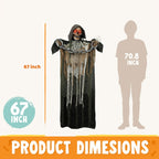 Haunt & Co 67" Standing Grim Reaper with Chain, Large Outdoor, Life Size Animatronics Skelton, Sound-Actived Party Decor with Creepy Sound & LED Eyes, Scary Haunted House Props