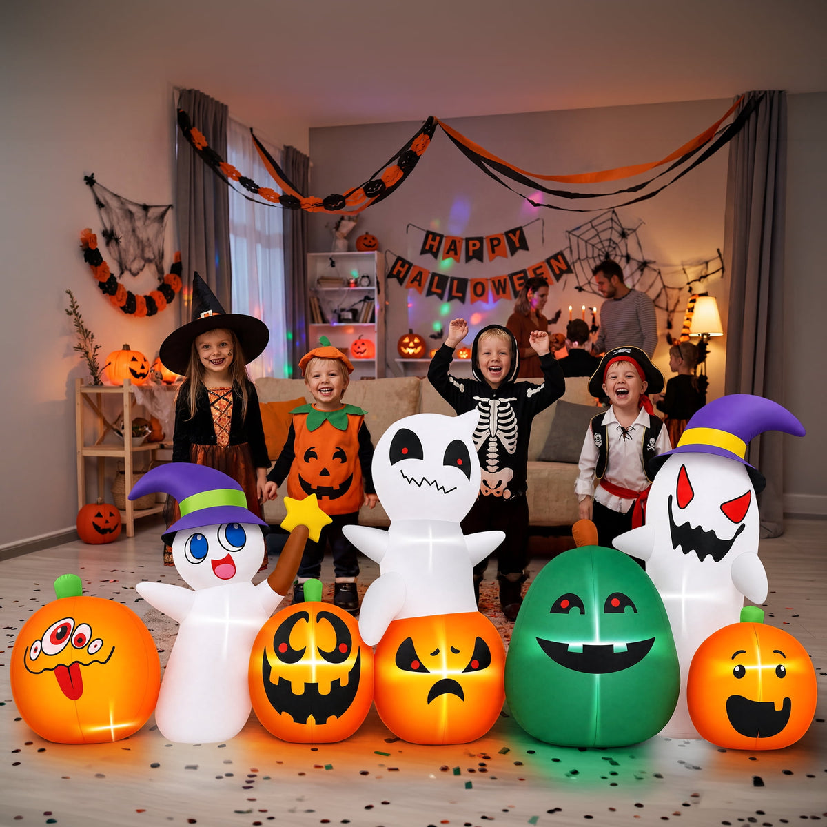Haunt & Co (2 pack) 7ft Long Halloween Inflatable with Lights,Pumpkin Ghost