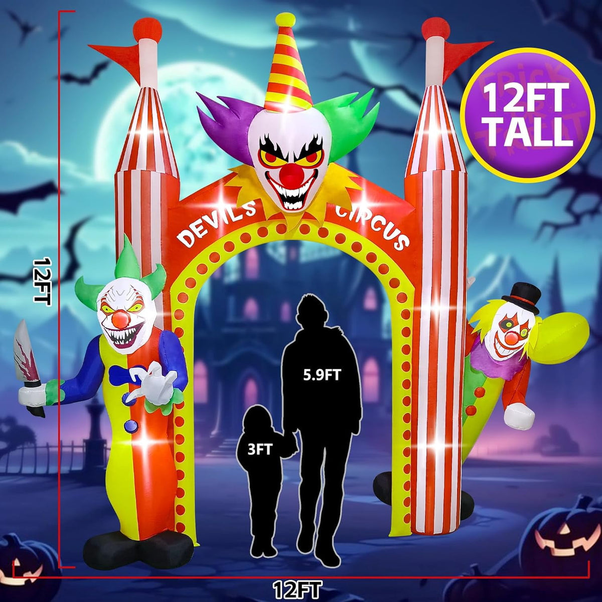 Haunt & Co 12FT Giant Clown Inflatable Archway with Built-in Lights - Scary Outdoor Yard Decorations