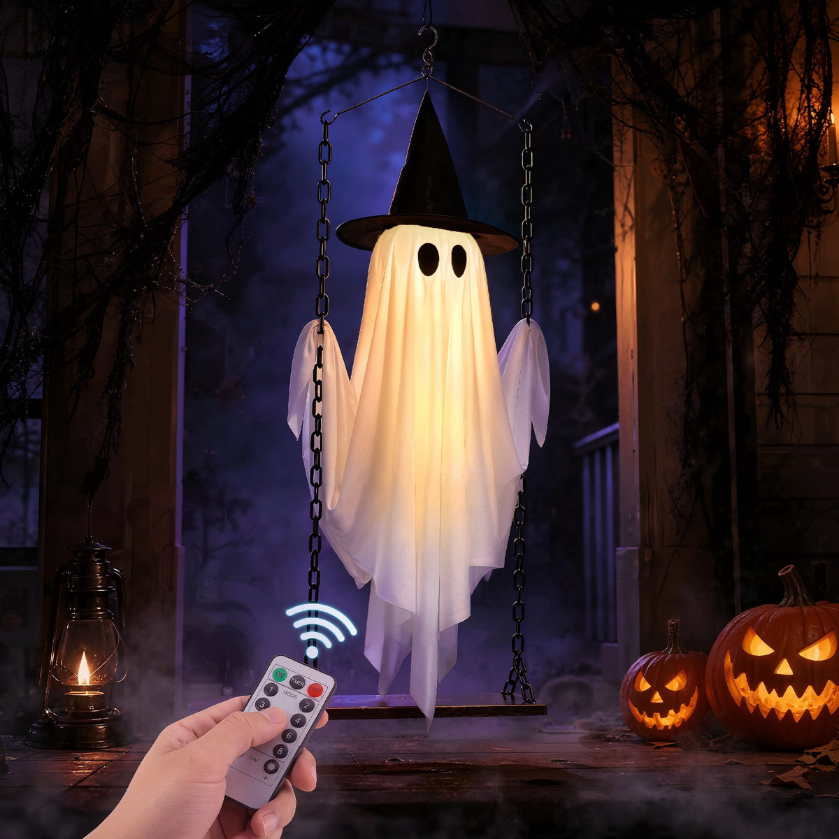 Haunt & Co Outdoor, Hanging Swing Ghosts with Lights Halloween Spooky Cute Ghosts Decor for Outside Home Front Porch Yard Lawn Tree