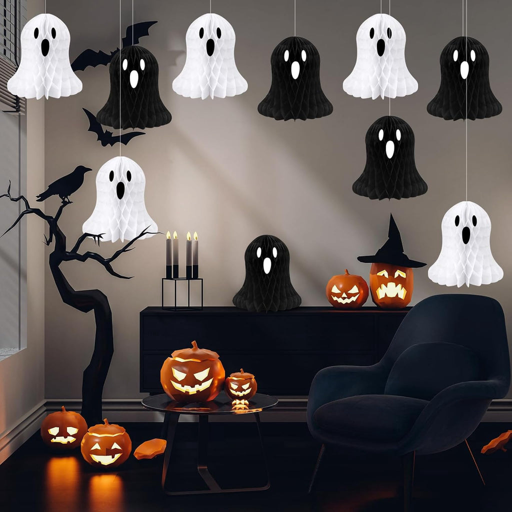 Haunt & Co 10 PCS Halloween Ornaments Hanging Cute White Black Ghost Honeycomb Decoration Halloween Tree Decorations Paper Ghost Table Decor for Home Office Classroom Holiday Party Supplies