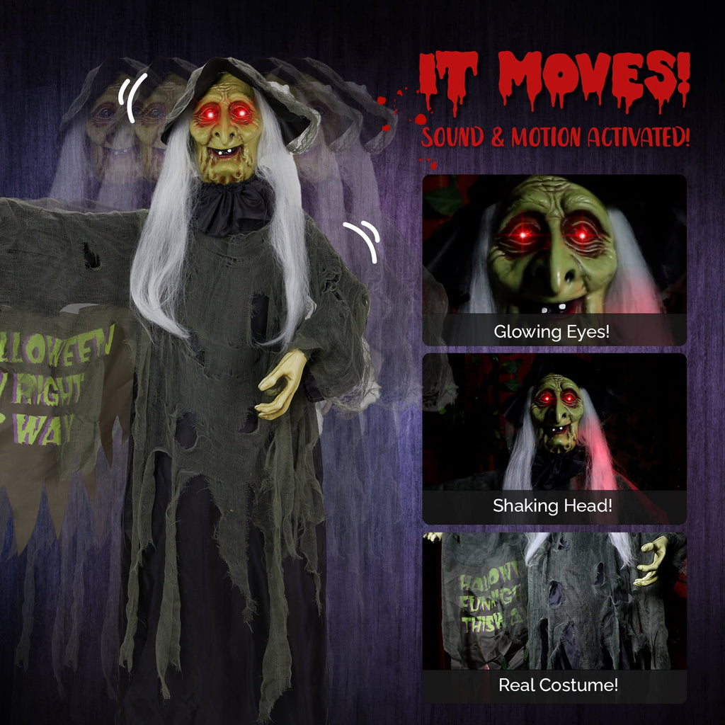Haunt & Co 6FT Halloween Animatronic Witch Standing Outdoor w/ Red Eyes,Scary Sounds