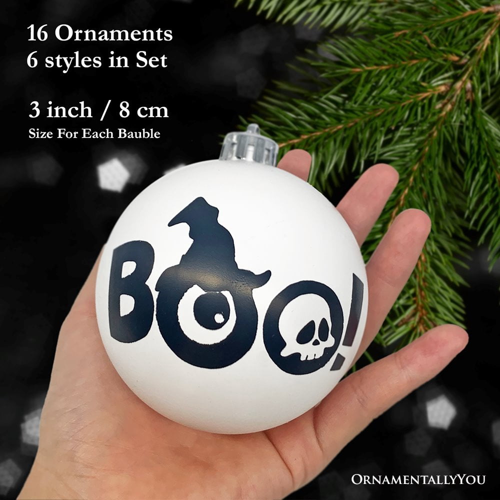 Haunt & Co Creepy Boo Assorted 16 Piece Black and White Ornament Bundle, Monochrome 3" Halloween Bauble Set