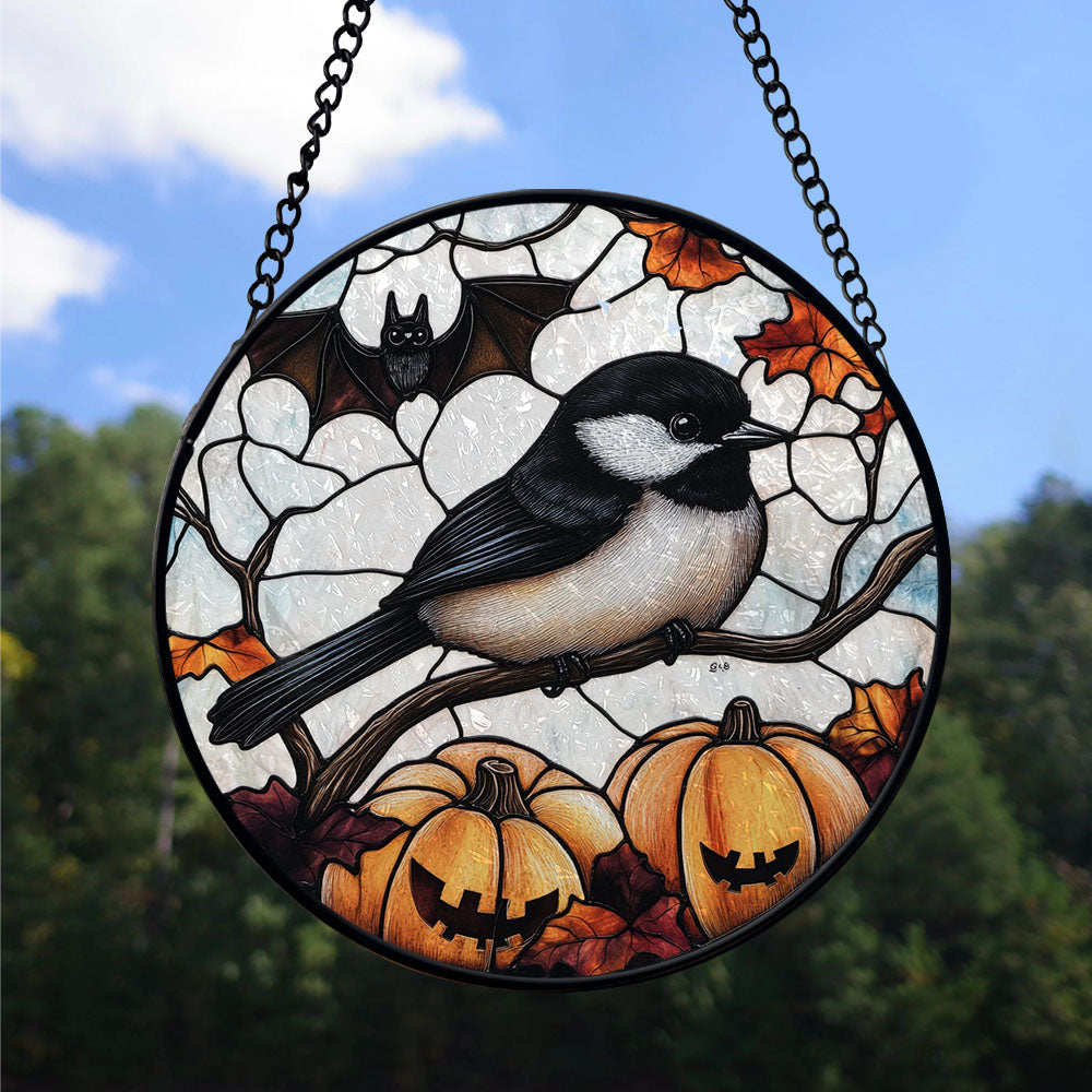 Haunt & Co Christmas Gift Idea - Halloween Chickadee Stained Glass Hanging Ornament - Merry & Bright Xmas Tree Decor, Holiday Gift for Family & Friends