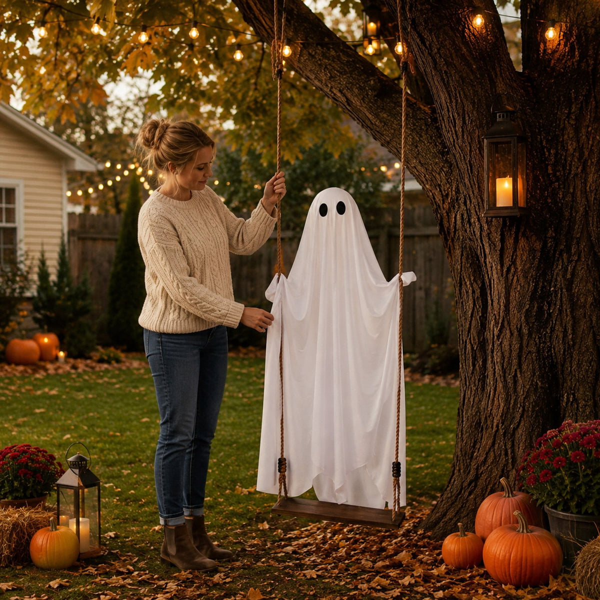 Haunt & Co Halloween 6 ft Hanging Swing Ghost with Remote Control and Lights, Outdoor , Outdoor Decor Spooky Cute Ghosts Decoration Flying Props for Tree Porch Yard Garden Lawn House