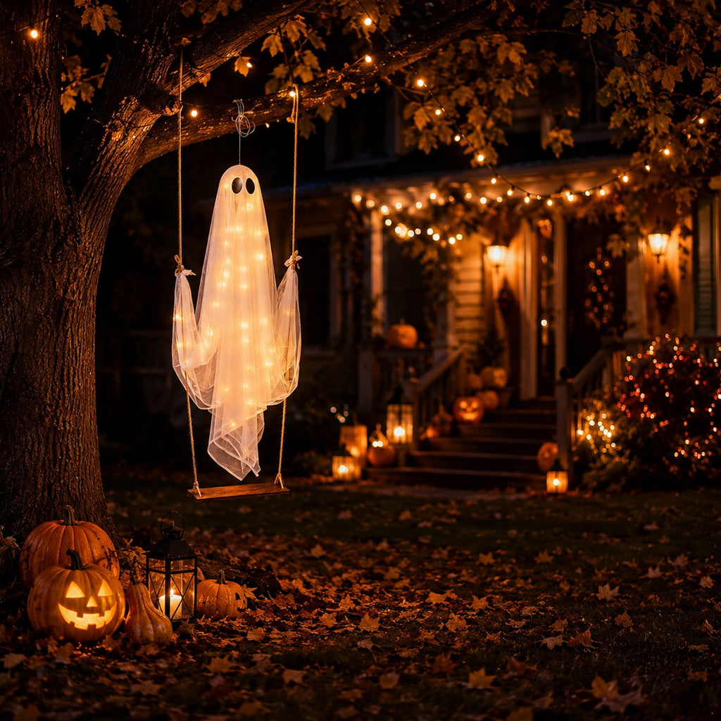 Haunt & Co Halloween Outdoor Hanging Ghost Halloween Hanging Ghost Decorations Battery Operated Swinging Ghost Prop Sheer Gauze Glowing Specter Swing Ornament for Yard Window Indoor Outdoor Display,Saffron