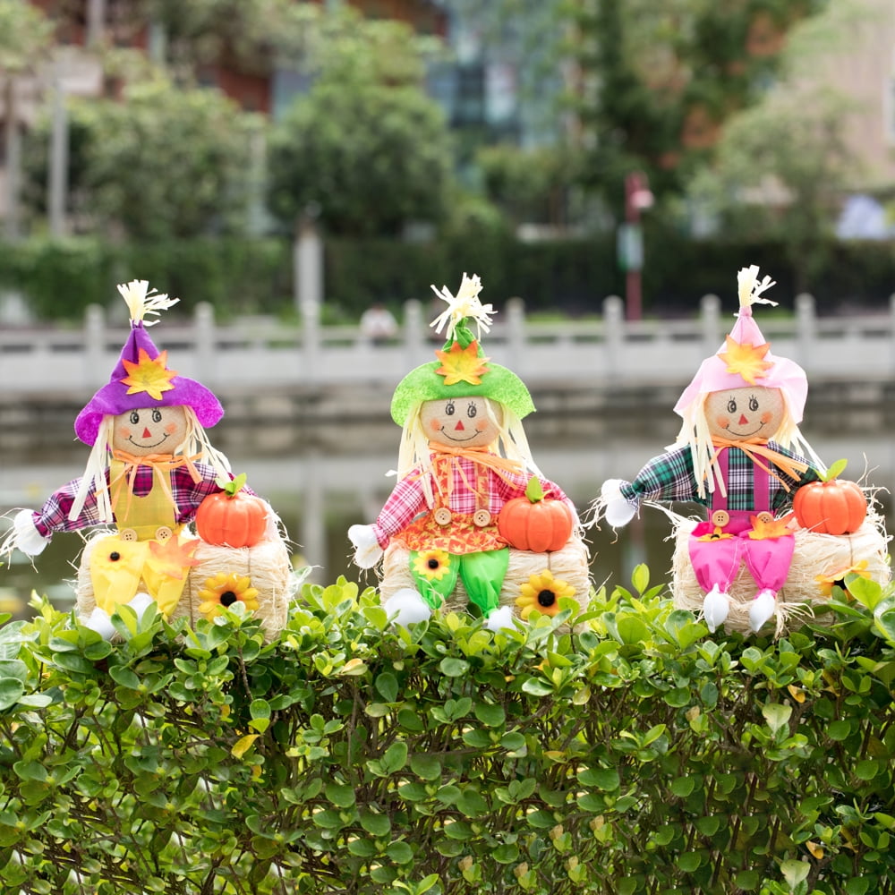 Haunt & Co Gardenised 18 Inch Sitting on Straw and Hay Bales Multicolor Trio Scarecrows for Halloween, Fall and All Time Season Garden Decor, Perfect to Add a Festive Touch to Your Lawn
