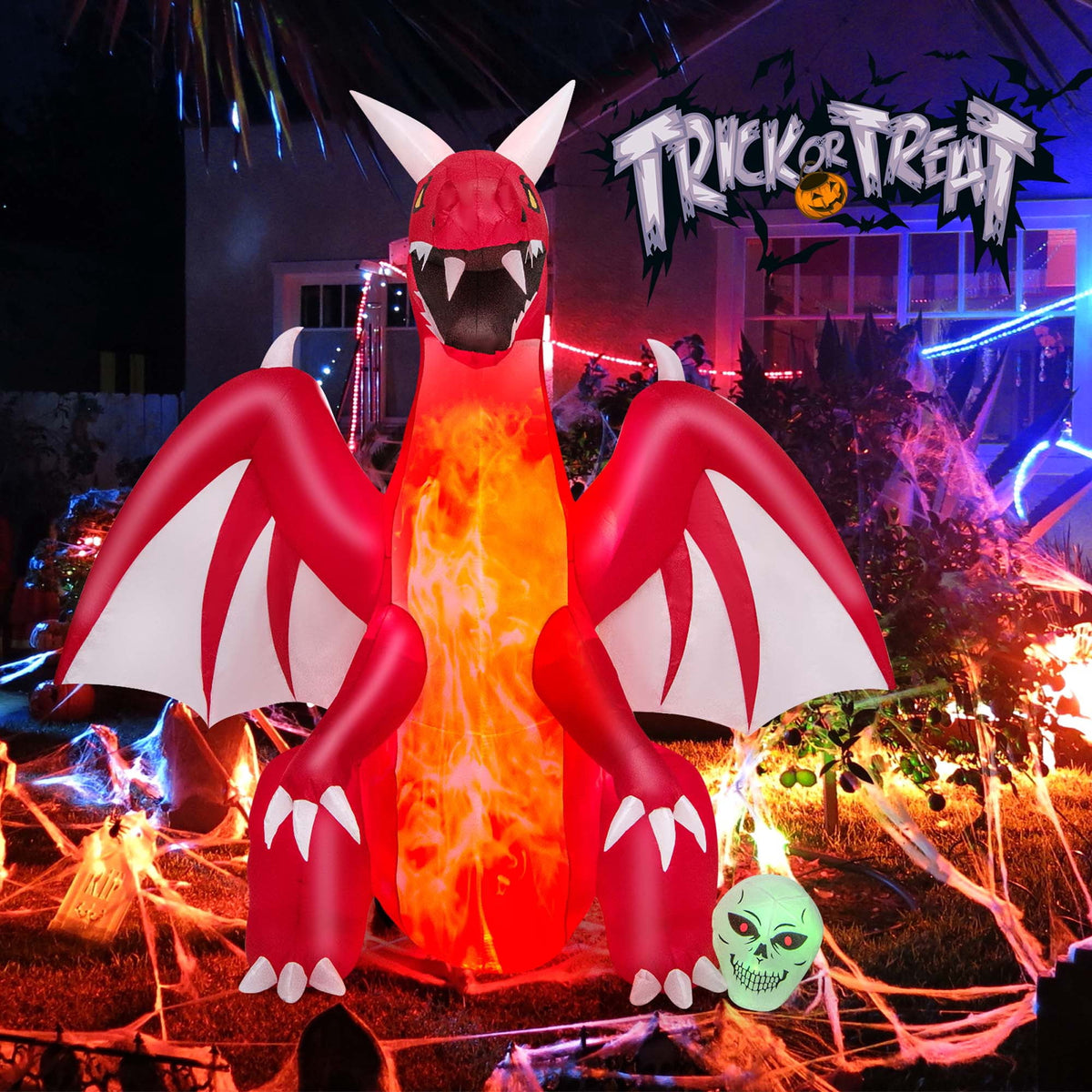 Haunt & Co Costway 8 FT Halloween Inflatable Red Dragon with Wings & Skull Holiday Decoration Light