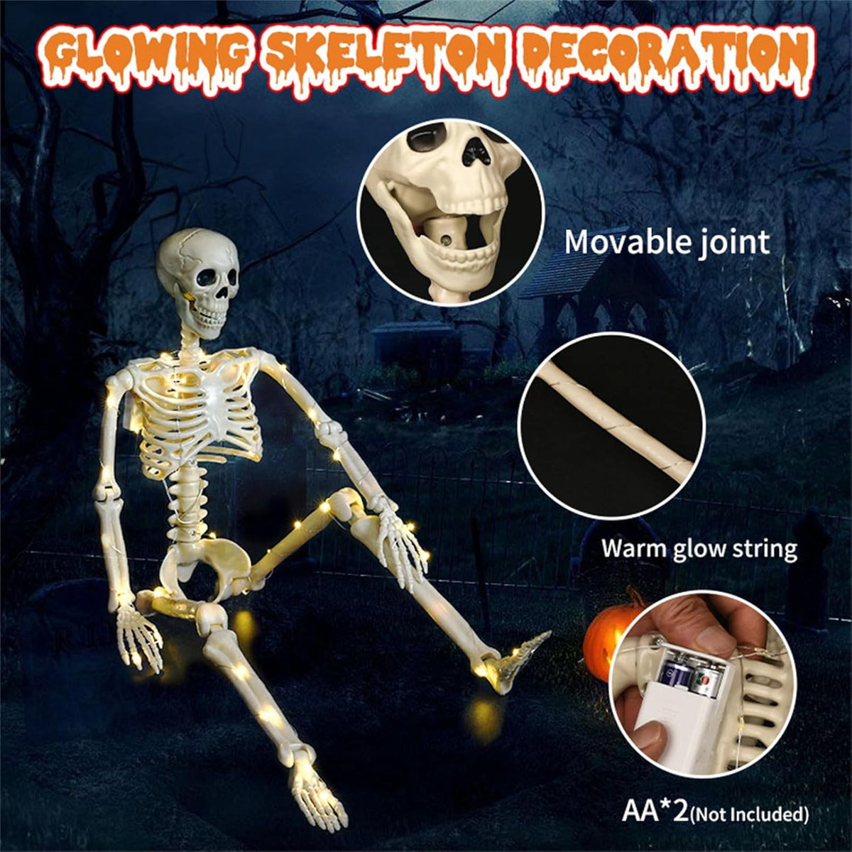Haunt & Co 36" Full Body Skeleton Decoration,Halloween Posable Skeleton with Lights, Posable Joints Gothic Skeletons Decoration