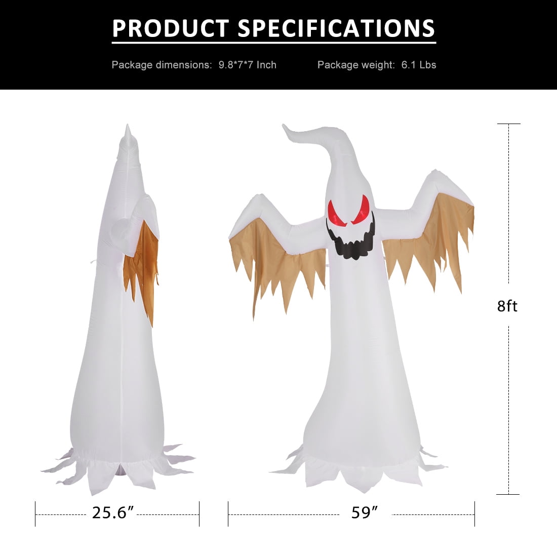 Haunt & Co VIVOHOME 8ft Height Halloween Inflatable White Ghost with Red Rotating Led Lights Blow up Outdoor Lawn Yard Decoration