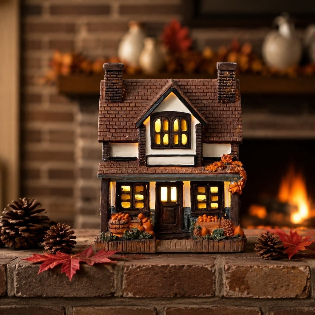 Haunt & Co Light Up Halloween House Tabletop Decor, LED Spooky Resin House with Witch Ghost Pumpkin Scene, Glowing Decoration for Mantel Shelf Party