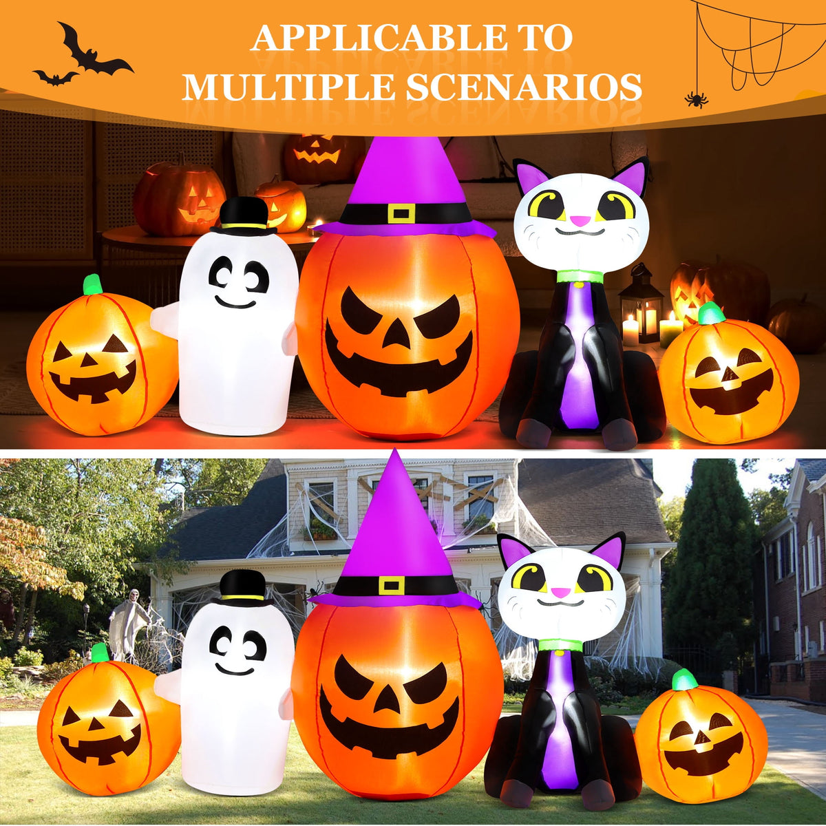Haunt & Co 8ft Halloween Inflatable Pumpkins Outdoor Decor with Black Cat and Spectre,Built-in LED Lights