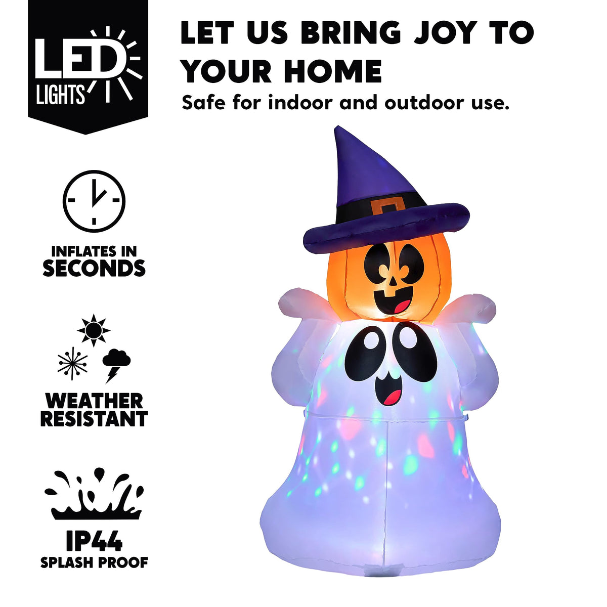 Haunt & Co 5Ft Halloween Inflatable Pumpkin Ghost with Colorful LED Lights,Halloween Blow Up Cute Decor