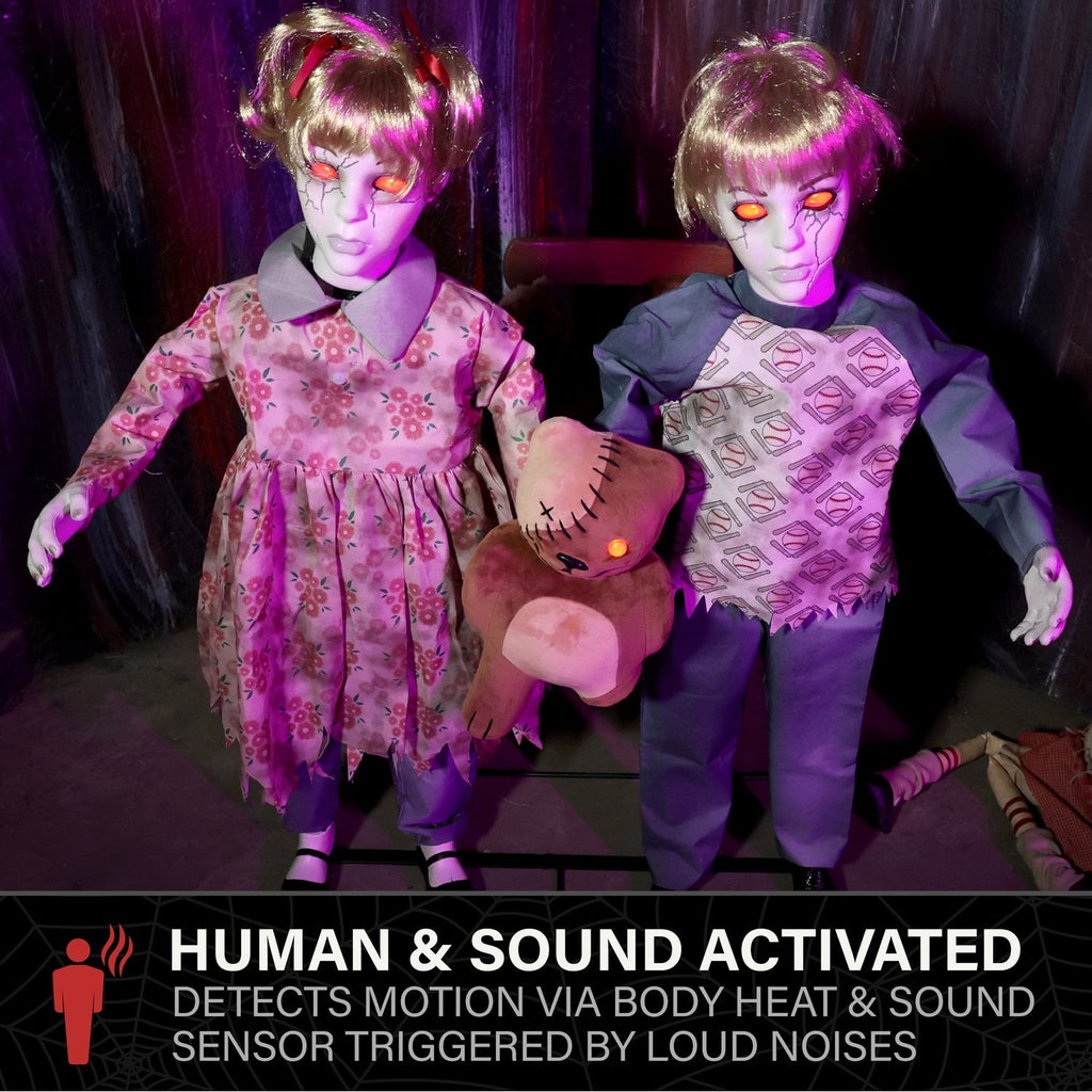 Haunt & Co Apocalypse Twins Halloween Animatronics with Red Eyes & Head Sync, 3-Ft