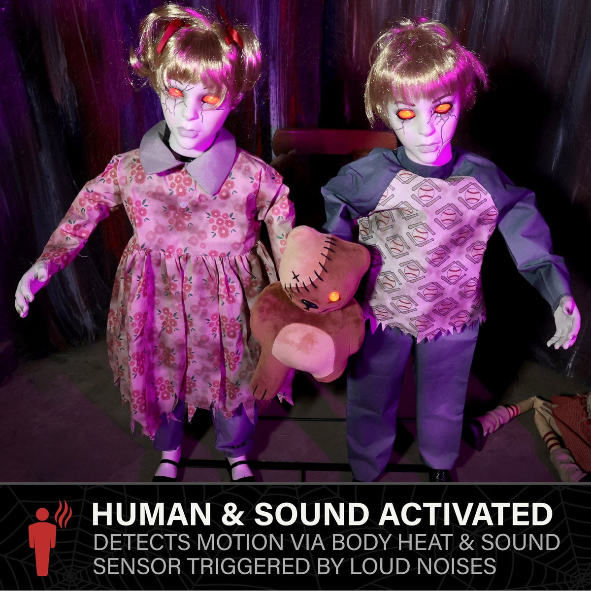Haunt & Co Apocalypse Twins Halloween Animatronics with Red Eyes & Head Sync, 3-Ft