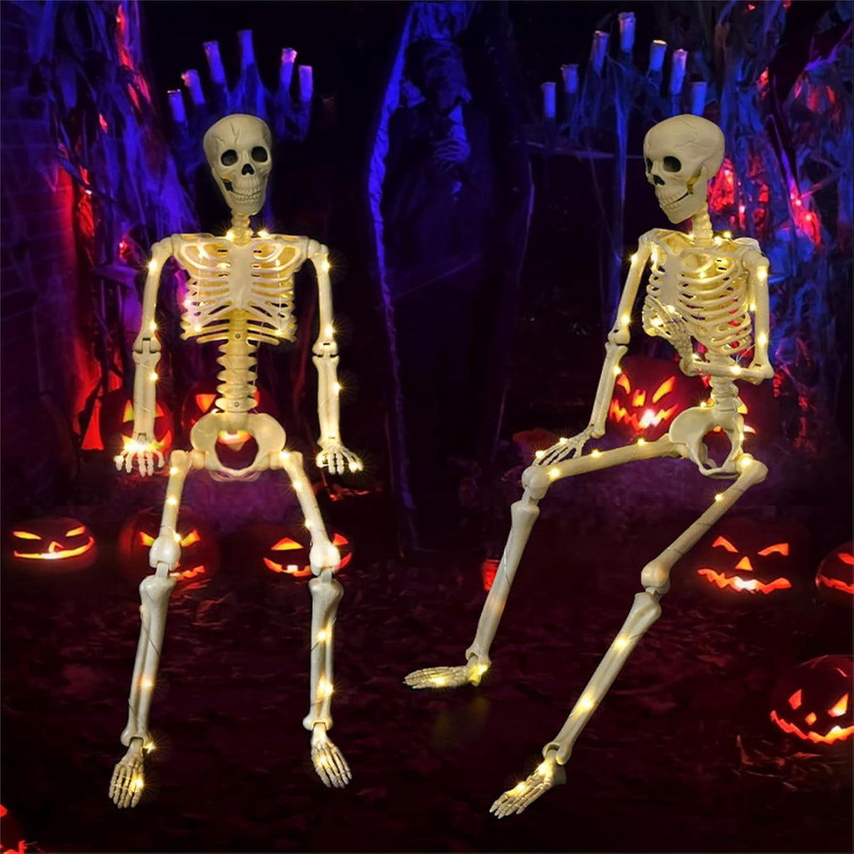 Haunt & Co 36" Full Body Skeleton Decoration,Halloween Posable Skeleton with Lights, Posable Joints Gothic Skeletons Decoration