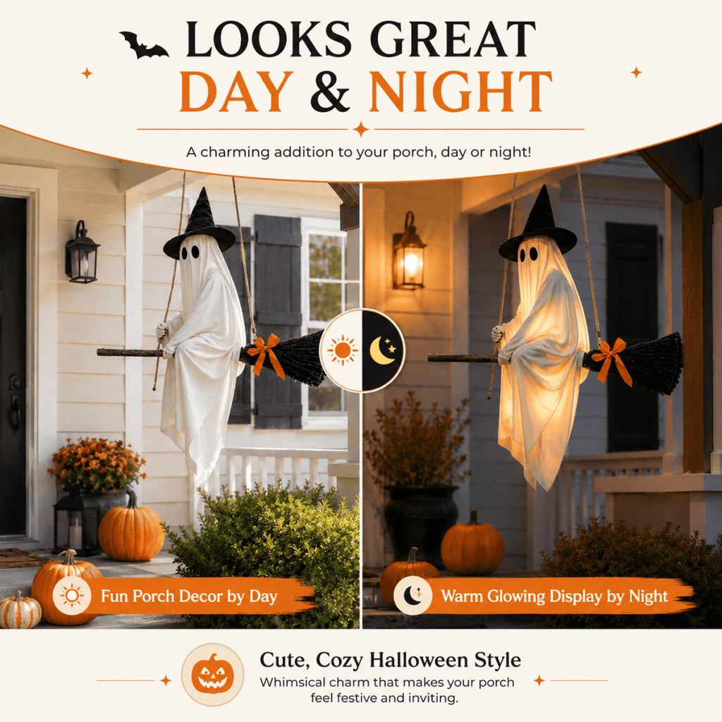 Haunt & Co LIGHTED HANGING GHOST WITCH Floating White Ghost With Black Witch Hat Rustic Broom And Orange Bow Warm Glow