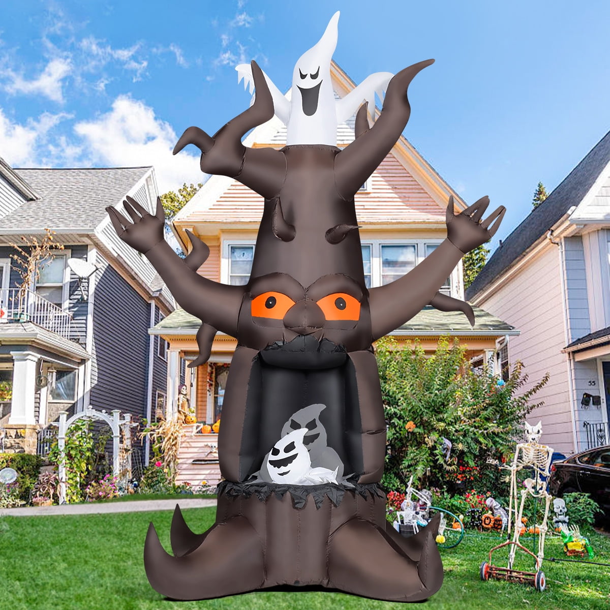 Haunt & Co Halloween Inflatables 9 FT Animated Halloween Tree Inflatables with Built-in LED lights, Scary Spooky Tree Inflatable with White Ghost, Outdoor for Halloween Holiday Party