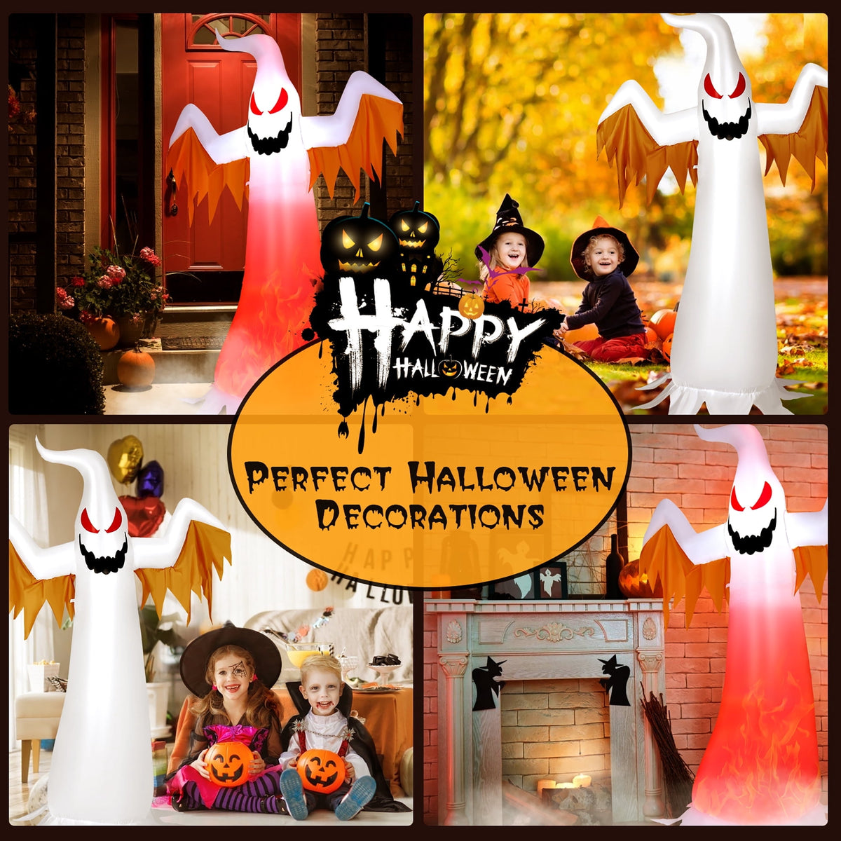 Haunt & Co Costway 8 FT Halloween Inflatable White Ghost with Rotatable Flame LED Lights