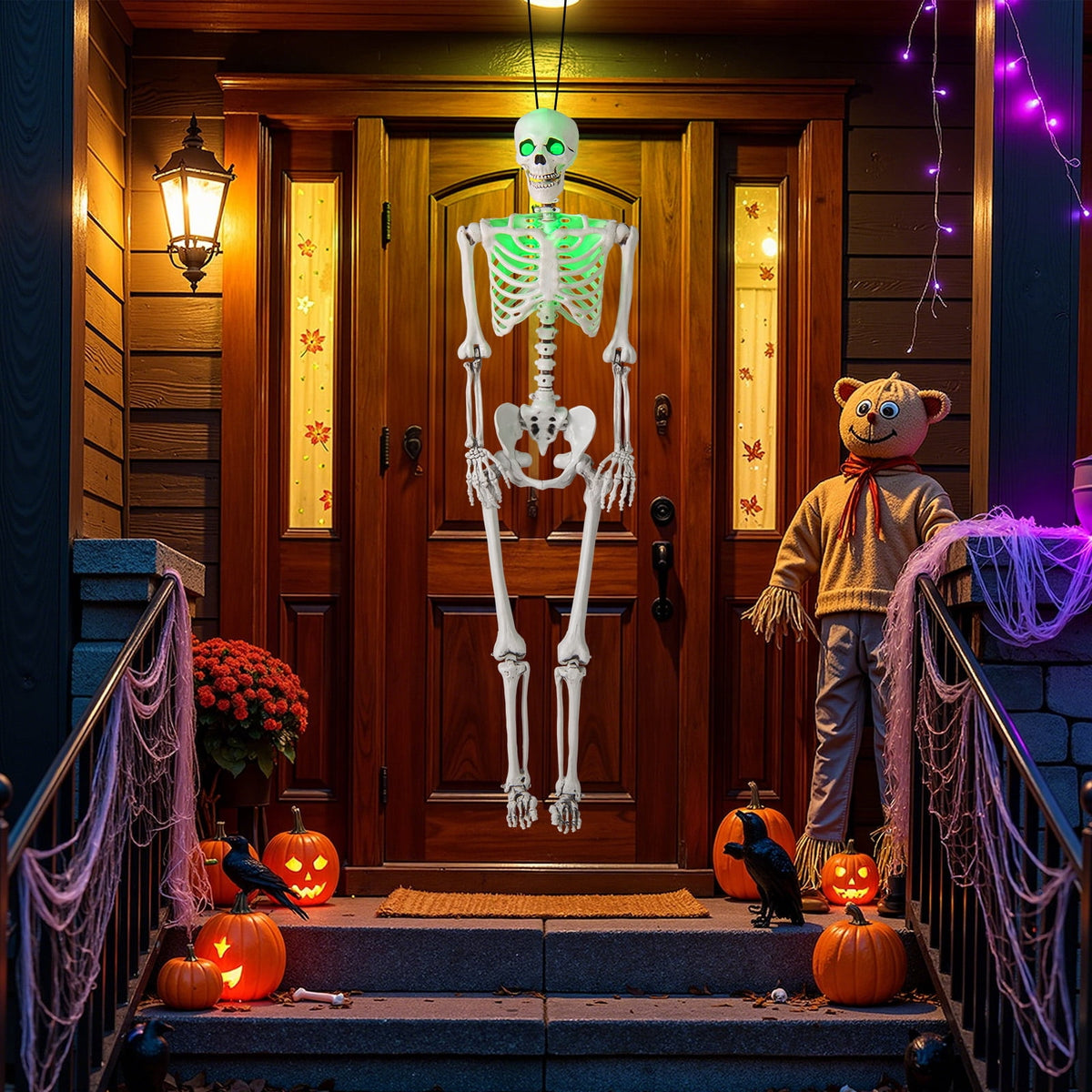 Haunt & Co Costway 5.5 FT Poseable Halloween Skeleton Life-Size Decoration with Built-in Lights Green